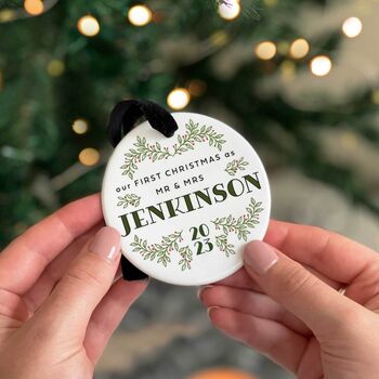First Christmas Married Personalised Ceramic Bauble, 2 of 8