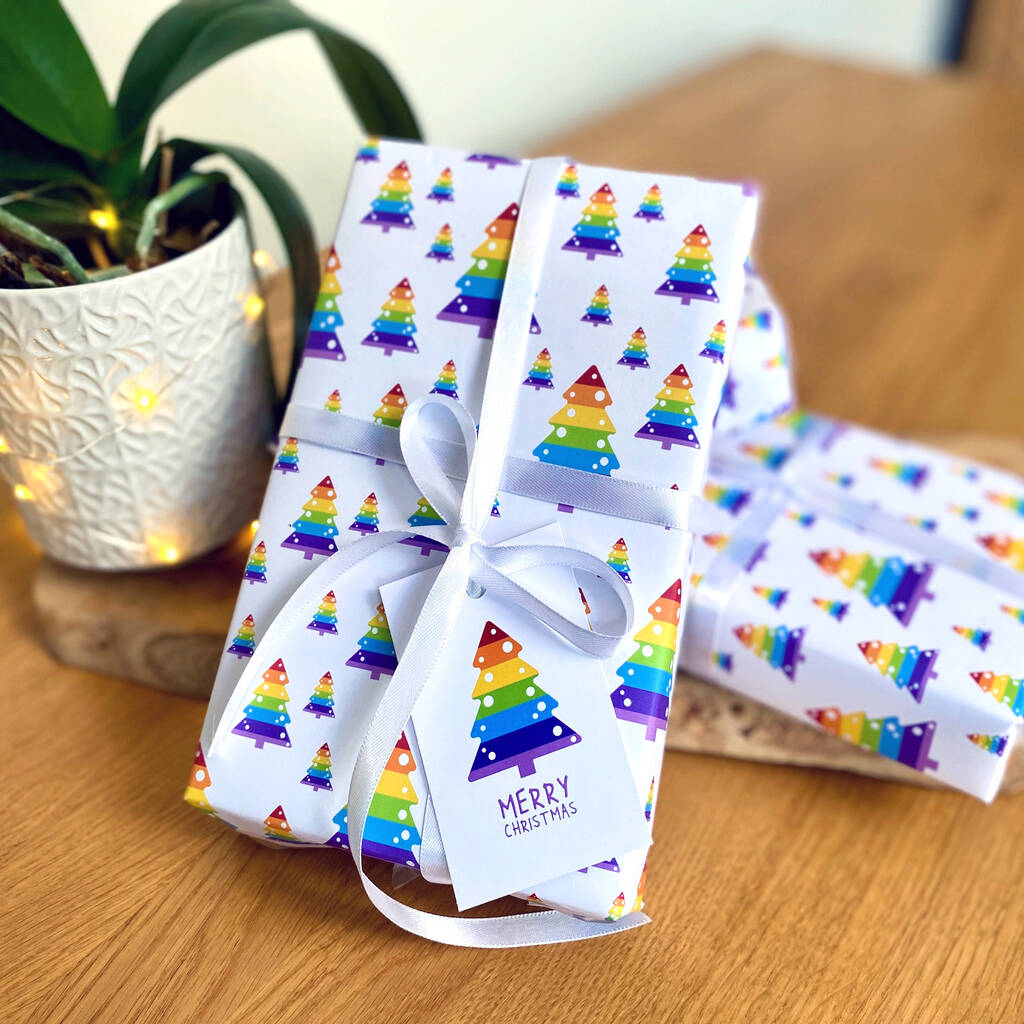 Rainbow Christmas Tree Wrapping Paper And Tags, 1 of 3