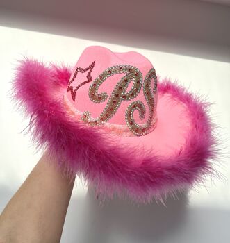 Personalised Baby Pink Feather Trim Cowboy Hat, 2 of 2