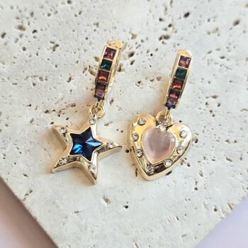 Star And Heart Gem Asymmetric Huggie Hoop Earrings, 3 of 5