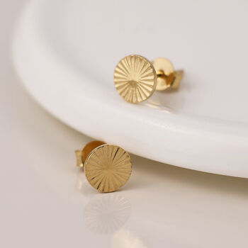 Gold Plated Sterling Silver Sunburst Circle Disc Stud Earrings – 5mm, 8 of 9