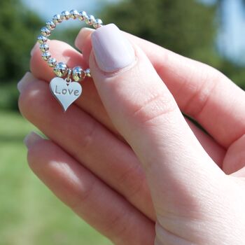 Sterling Silver Ball Bead Ring With Love Heart Charm, 7 of 12
