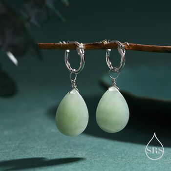 Sterling Silver Green Aventurine Jade Droplet Hoop Earrings, 2 of 11