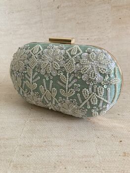 Mint Green Raw Silk Oval Pearl Clutch Bag, 5 of 8