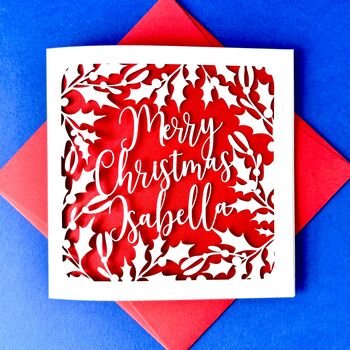 Holly Papercut Personalised Christmas Card, 2 of 4