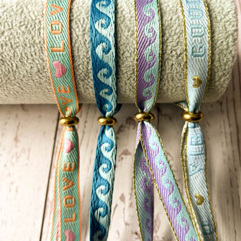 Set Of Four Festival Ribbon Bracelets, Waves/Words, 4 of 5