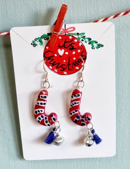 Painted Festive Elf Candy Cane Earrings With Stand, 2 of 9