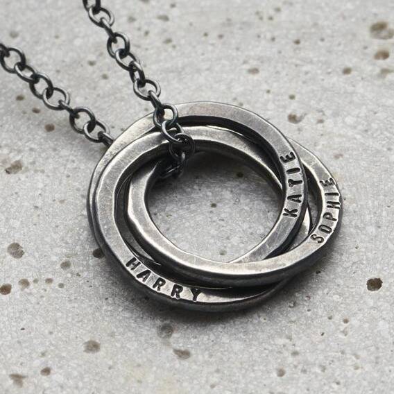 Sterling Silver Engraved 3 Interlocking Russian Rings Necklace | Jewlr