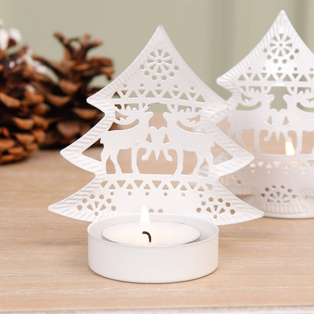 white decorative metal christmas tree tea light holders by dibor