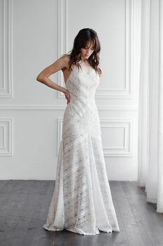 Ivory Macramé Lace Boho Wedding Dress With Open Back And Train, 6 of 12