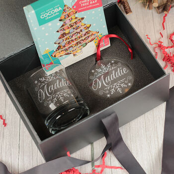 Christmas Snowflake Tumbler Glass With Chocolate Tree And Decoration Gift Boxed Set, 5 of 8