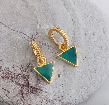 'The Triangle' Green Onyx Hoop Gold Plated Earrings, 4 of 6