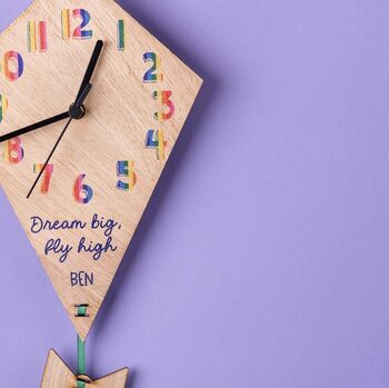 Children's Oak Wood Personalised Kite Wall Clock, 4 of 6
