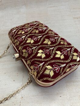 Deep Maroon Velvet Embroidered Handcrafted Clutch Bag, 3 of 8