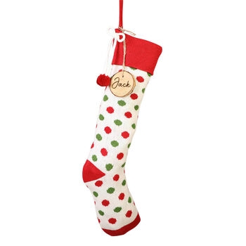 Personalised Polka Dot Knitted Stocking With Pom Poms, 3 of 9