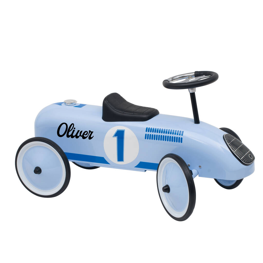 Personalised Sky Blue Vintage Ride On Car For Kids