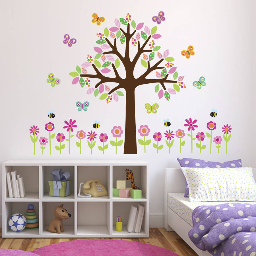 tree with flowers, butterflies and bees wall sticker by mirrorin ...