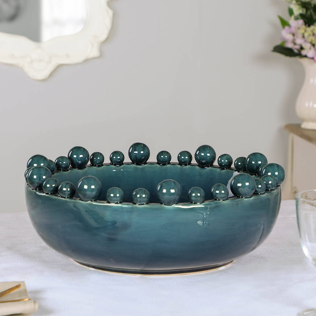 Deep Teal Decorative Beaded Ceramic Bowl By Dibor