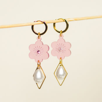 18 K Gold Plated Micro Huggie Earring With Pearl Drop, Flower, And Gemstone, 4 of 8