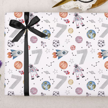 Three Sheets Of Children's 7th Birthday Space Wrapping Paper, 2 of 2