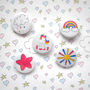Set Of Five Unicorn Themed Badges, thumbnail 1 of 2