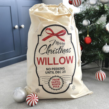 Personalised Christmas Bow Name Cotton Sack, 2 of 3