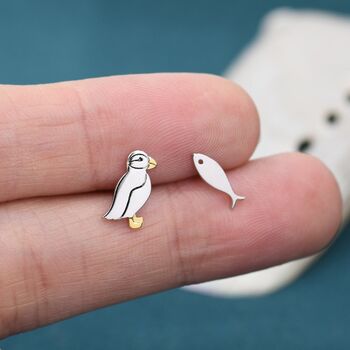 Mismatched Puffin Bird And Fish Stud Earrings, 5 of 9