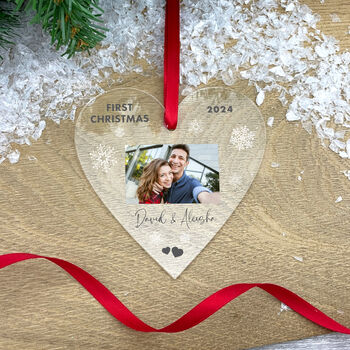 Personalised Couples 1st Christmas Acrylic Hanging Decoration Heart Bauble, 4 of 5