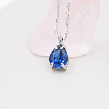 Sterling Silver Sapphire Blue Pear Cut Cz Necklace, 2 of 11