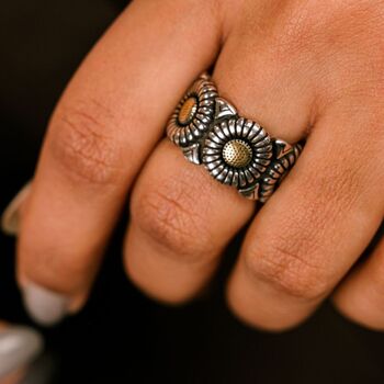 Silver Vintage Daisy Floral Wide Cuff Chunky Band Ring, 2 of 7