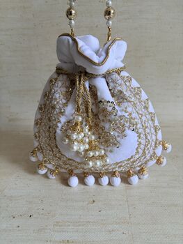 White Velvet Handcrafted Luxury Potli/Wrist Bag, 4 of 7