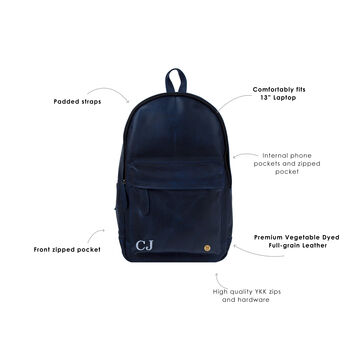 Personalised Navy Leather Classic Backpack/Rucksack, 6 of 10
