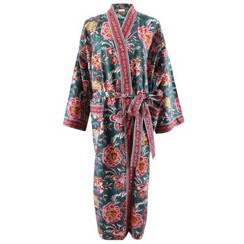 Block Printed Pine Green, Red And Mustard Floral Cotton Dressing Gown, 4 of 5