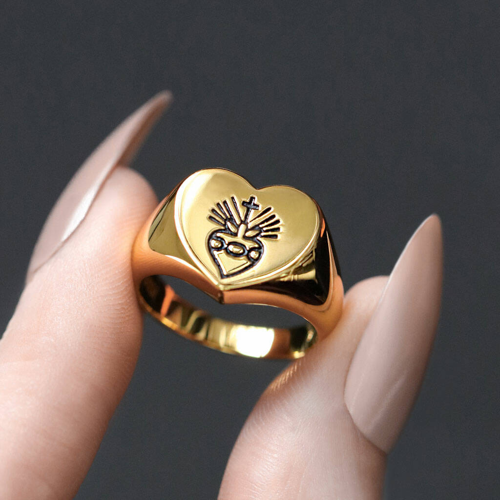 Sacred Heart Signet Ring Gold Or Silver, 1 of 6
