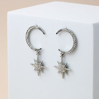 Sparkly Crescent Moon And Star Dangle Stud Earrings, 7 of 7