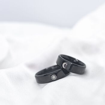 Stainless Steel Couple Black Moon And Sun Promise Ring, 3 of 7