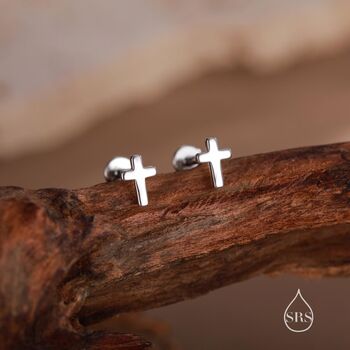 Tiny Cross Internally Threaded Flat Back Earrings In Sterling Silver, 2 of 9