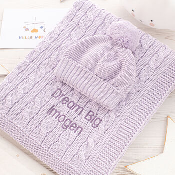 Lilac Cable Knit Baby Girls Blanket, Hat And Mittens Set, 2 of 12