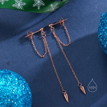 Sterling Silver Dangling Spike Chain Drop Stud Earrings, 4 of 8