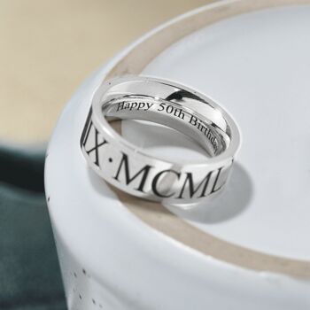 Roman Numerals Personalised Silver Ring 8mm Flat, 2 of 10
