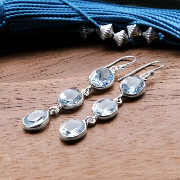 Sterling Silver Triple Blue Topaz Dangly Earrings, 3 of 4