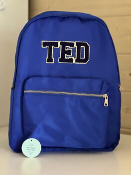 Personalised Nylon Backpack With Patch Letters And Motifs With Gold Outline, 12 of 12