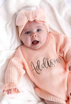 Personalised Embroidered Ruffle Detail Knitted Baby Romper Three Colours Available, 5 of 12