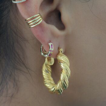 Gold Plated Pink Crystal Huggie Earrings, 5 of 11