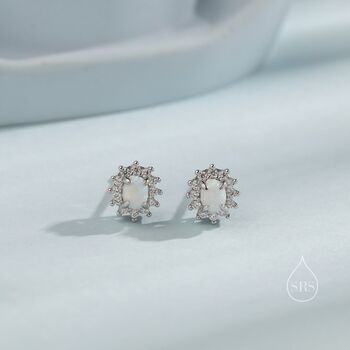 Sterling Silver Opal Cz Oval Halo Stud Earrings, 2 of 11