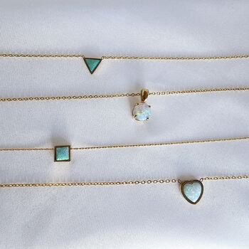 Fire Opal Necklace 18 K Gold Plated Stainless Steel Waterproof Birthstone Jewellery, Round, Heart, Triangle And Square Dainty Opal Pendant, 4 of 6