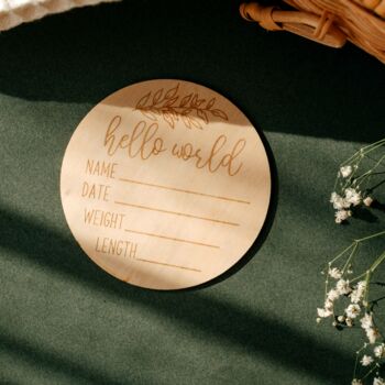 Wooden Baby Announcement Hello World Name Engraved Sign, 8 of 10