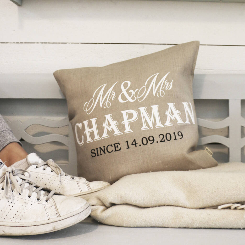 Luxurious Mr And Mrs Linen Wedding Gift Cushion Cover By Minna's room