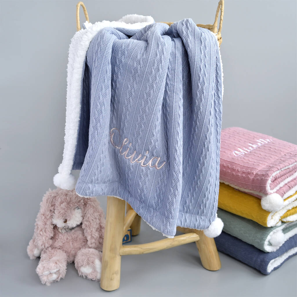 Dusty Blue Personalised Baby Knitted Blanket, 1 of 8
