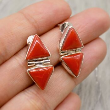 Red Coral Sterling Silver Drop Earrings, 7 of 8